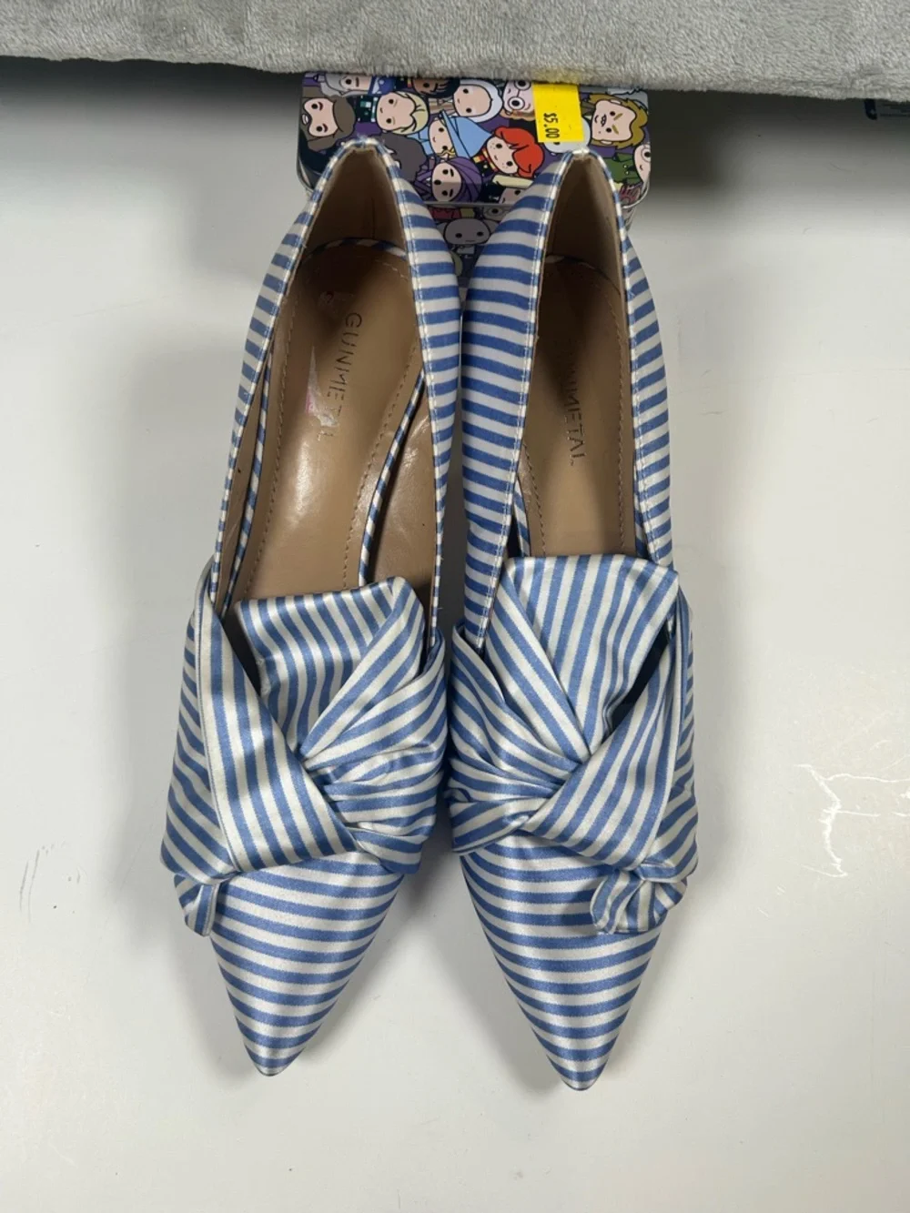 Gunmetal Gunnii Blue White Striped Knot Pointed-Toe Flats - Picture 5 of 10